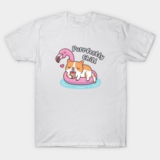 Cute Cat Chilling On Flamingo Pool Float Purrfectly Chill T-Shirt